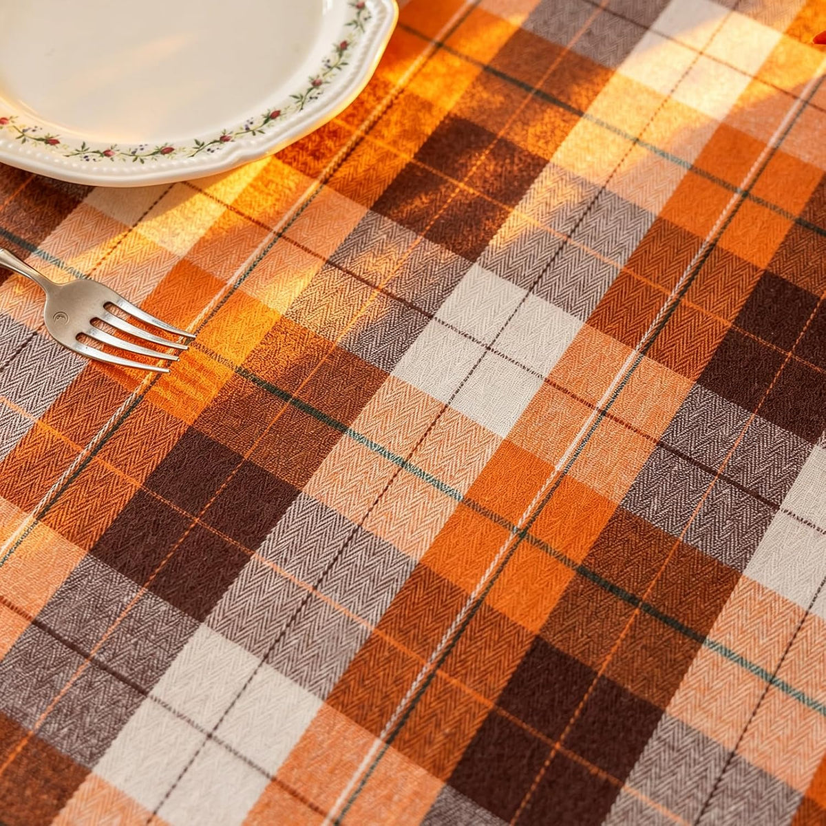 Joyfol Day Thanksgiving Ruffled Tablecloth, Orange Brown Tartan Plaid Vintage...