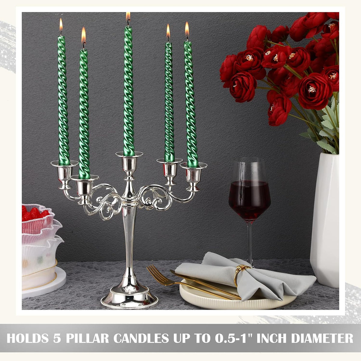 Dandat 3 Pcs 5 Arm Metal Candelabra Tall Holders, Silver, Classic
