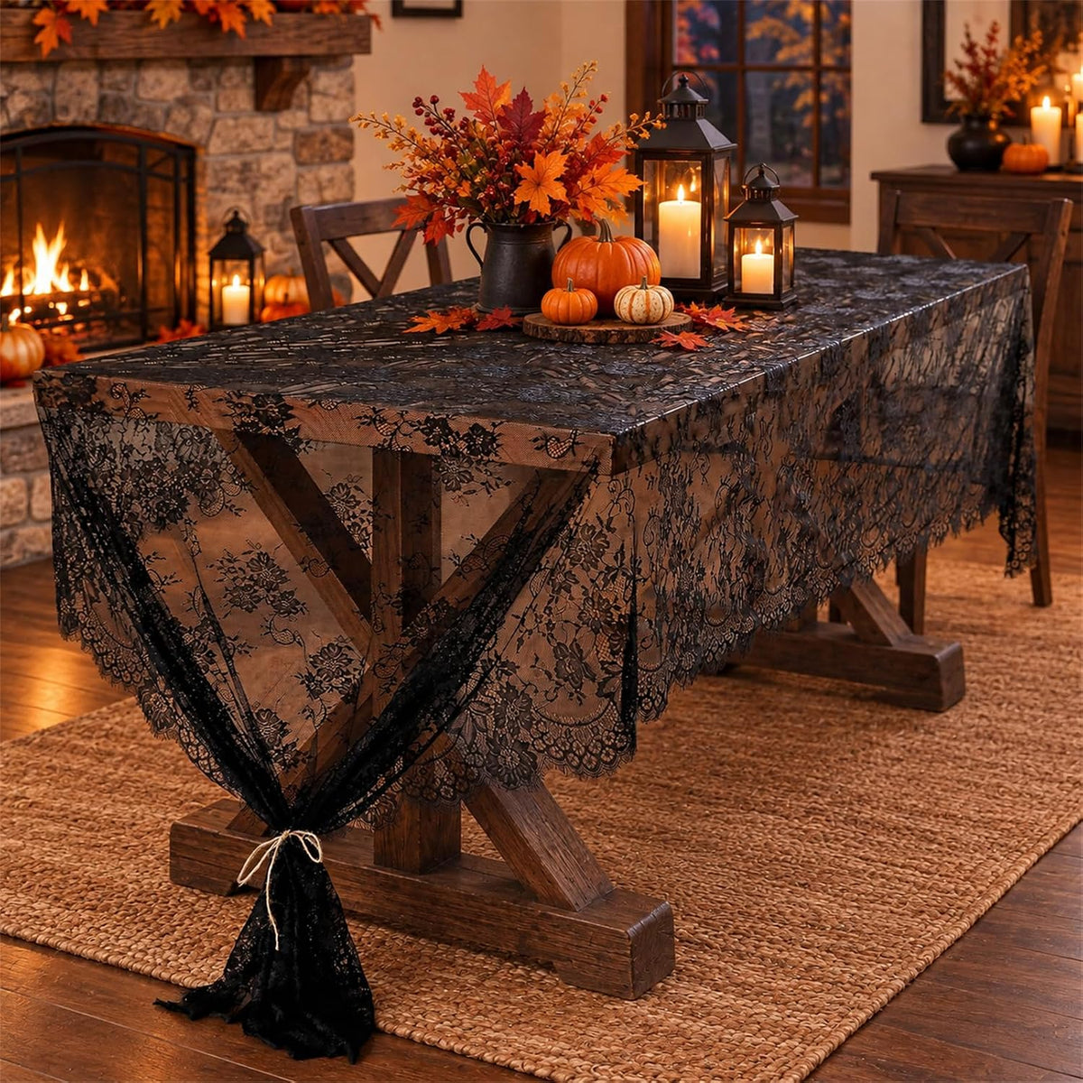 3Pcs Black Lace Tablecloth 60x120 Inch Rustic Halloween Home Decor