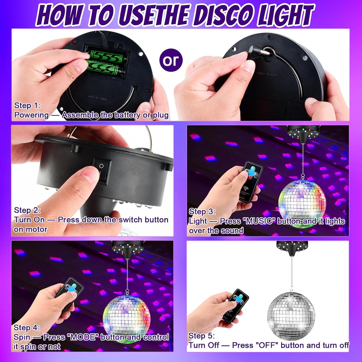 Disco Ball with Motor and 6" Mirror Ball, 10RPM Discoball Spinner and Light