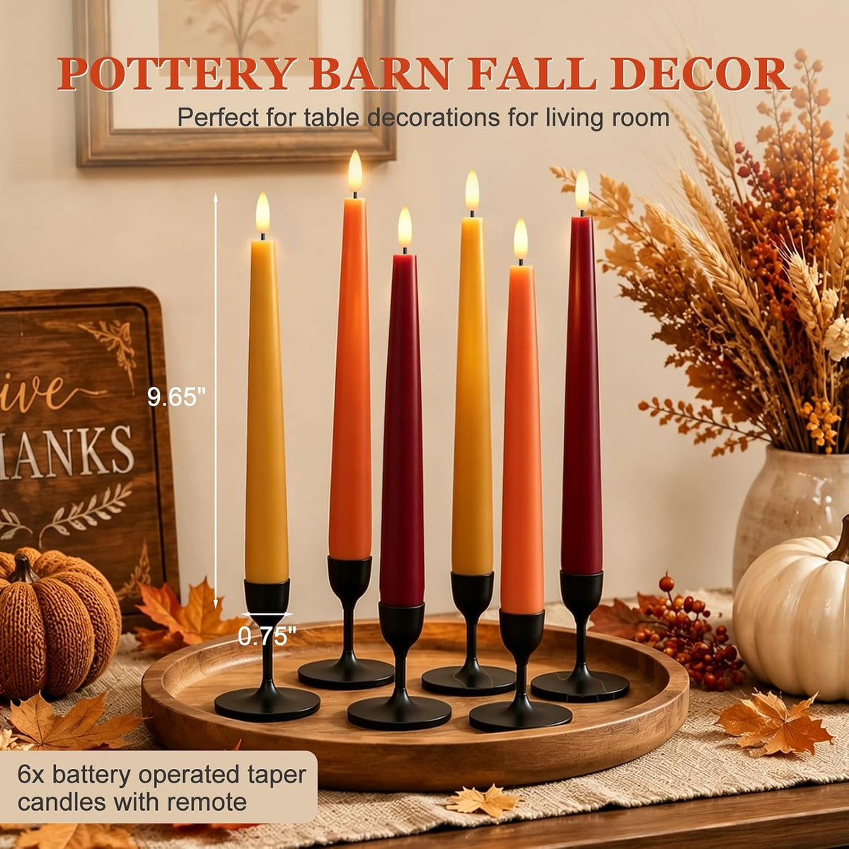 Fall Decor, Fall Decorations for Home, Flameless Taper Candles, Set of 6
