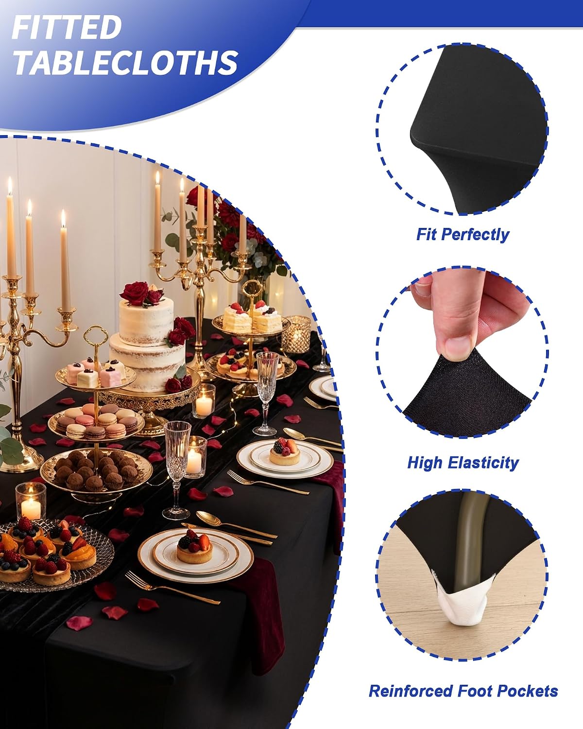 Fixwal 8 Pack 6FT Black Tablecloth Rectangle Spandex Fitted Table Cover