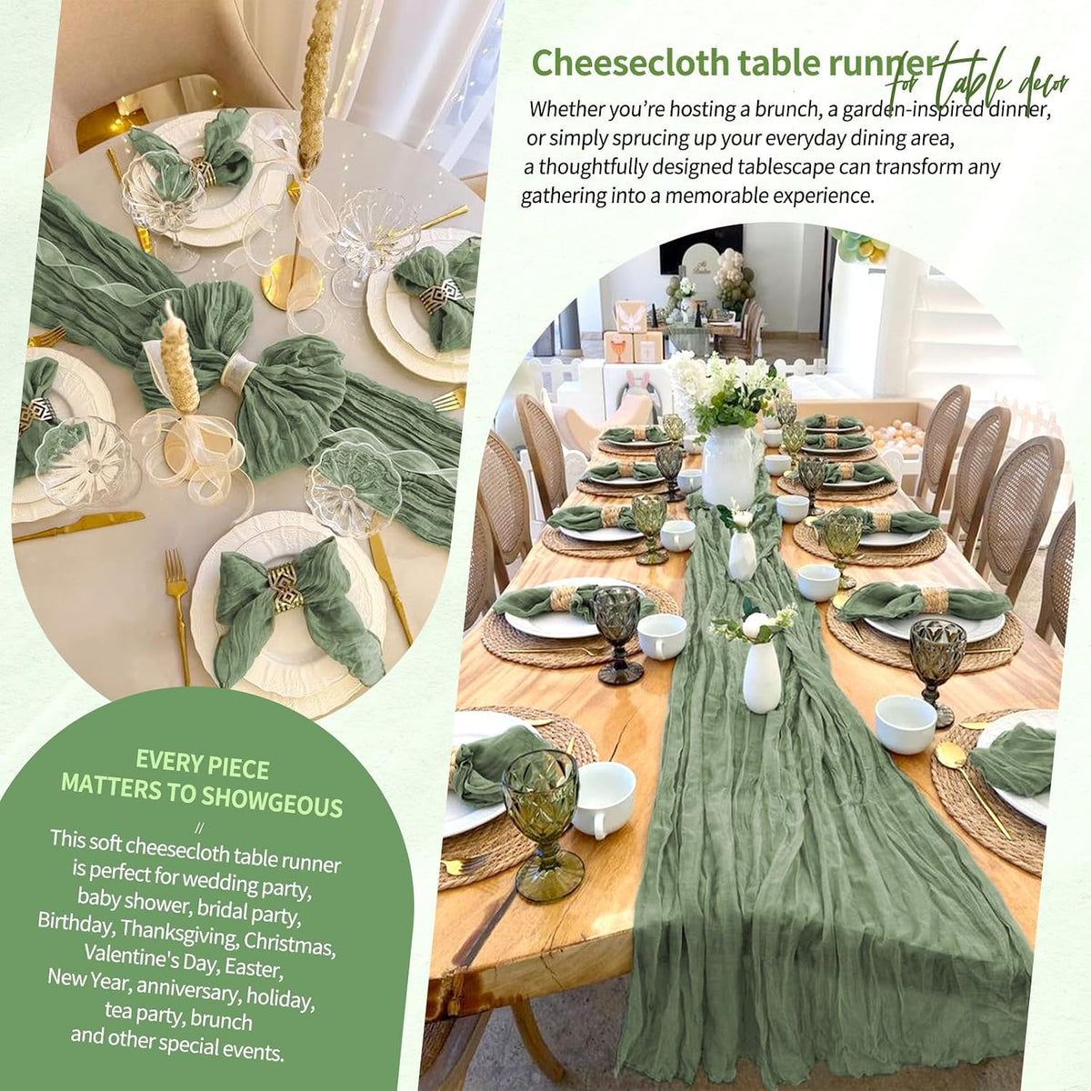 20 Pack Sage Green Cheesecloth Table Runner Wedding Birthday Table Decor