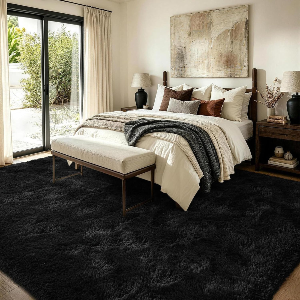 FinRèc Home 8x10 Non-Slip Fluffy Area Rugs for Living Room (Black)
