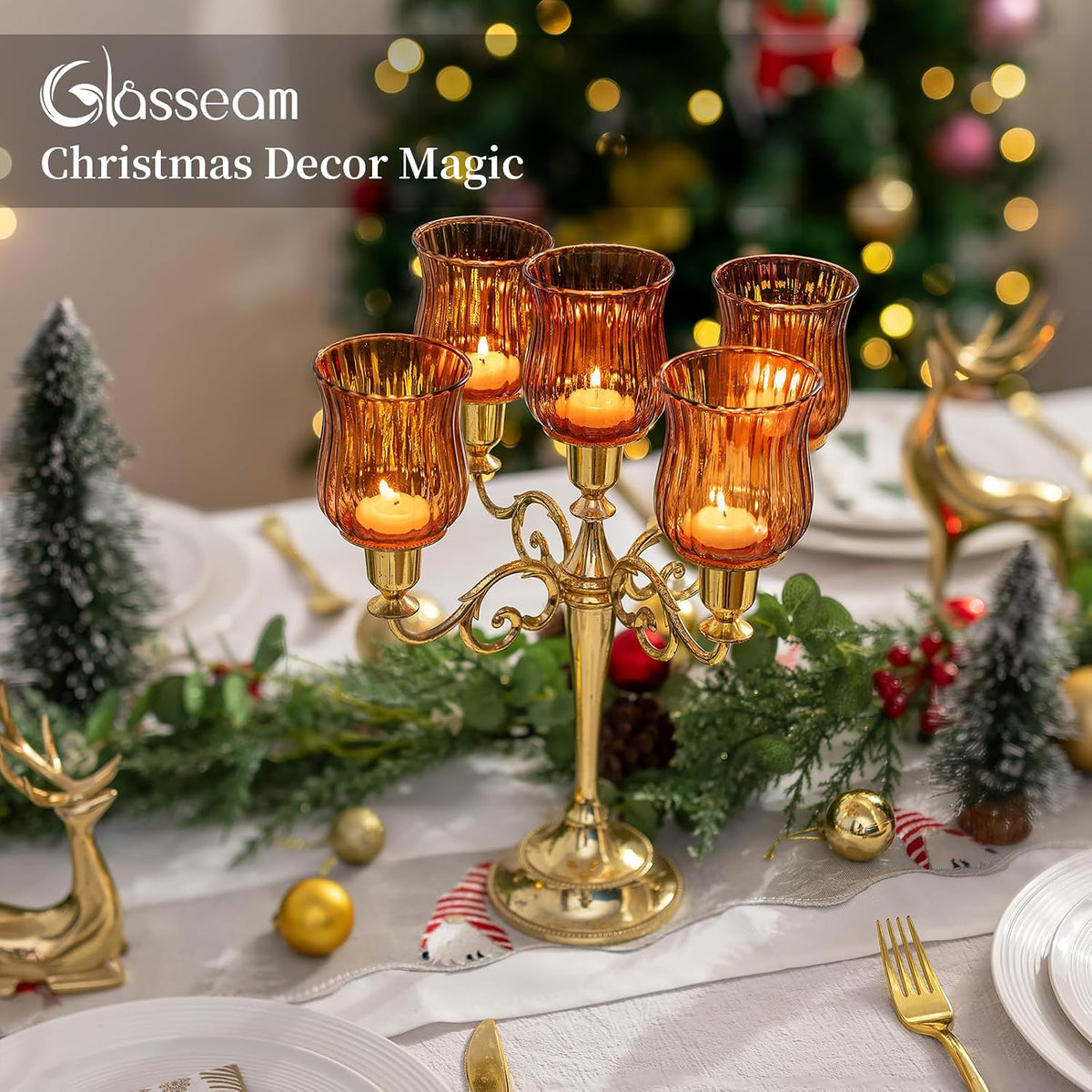 Glasseam Amber Tea Candle Holders 5Pcs Glass Votive Cup with Peg for Taper