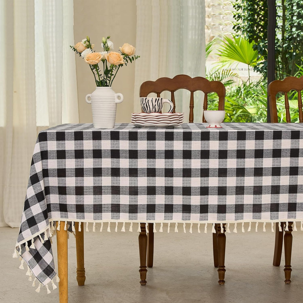 Midsummer Breeze Modern Black White Checkered Tablecloth Rectangle 55”x84”