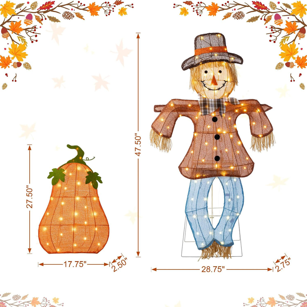 Glitzhome 4FT Fall Lighted Outdoor Scarecrow Decor, 2-Piece Pre-lit 2.5D Scar...