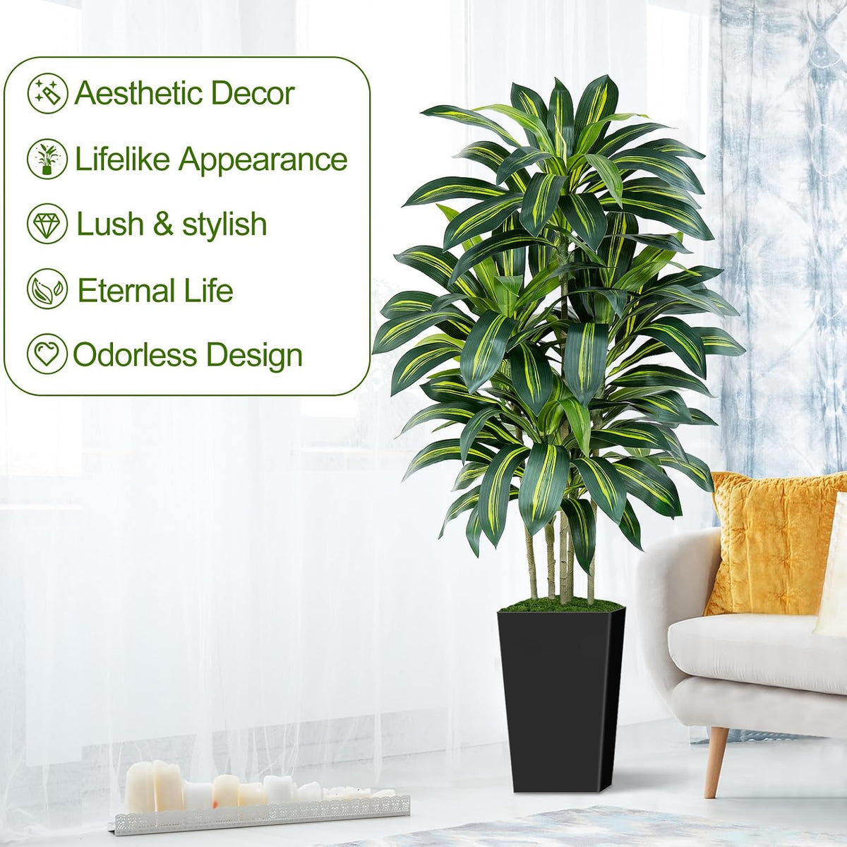 5FT Artificial Dracaena Tree - High-Density Foliage Fake Plant with Black Tal...