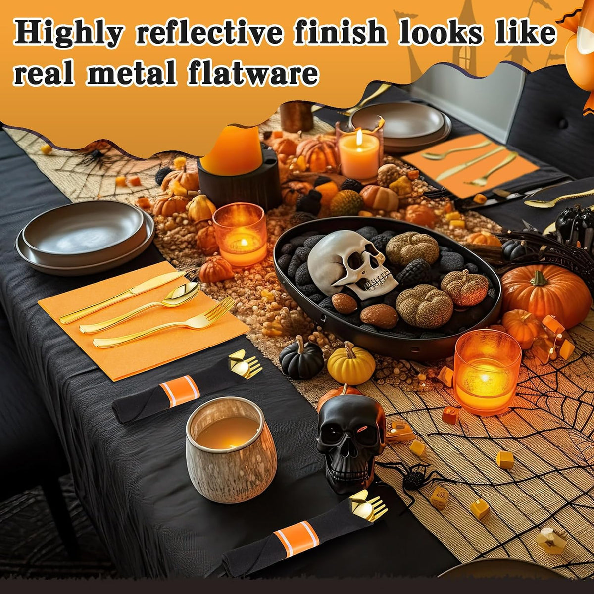 Lasnten 50 Pack Halloween Pre Rolled Plastic Silverware Set for 50 Guests