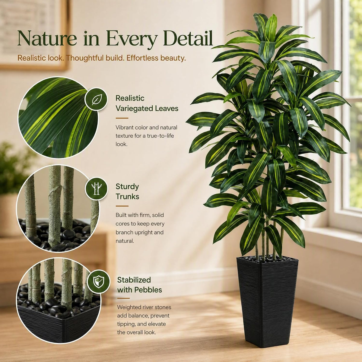 Artificial Dracaena Tree: 5FT Fake Plants Silk Faux Trees(Black Pot)