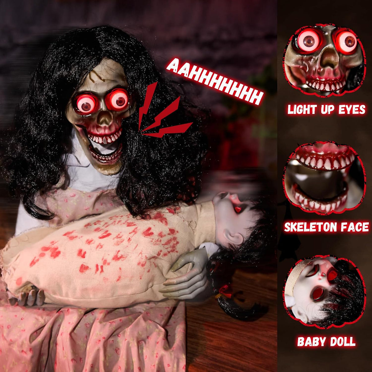 Halloween Animatronics Creepy Sitting Skeleton & Doll Animated Decoration...