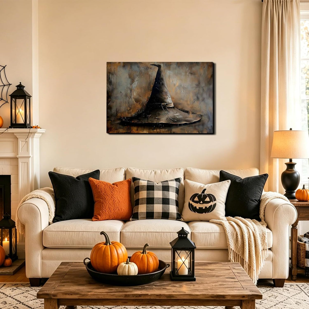 Framed Halloween Wall Art Witch Hat Canvas Prints Gothic Canvas Artwork Vinta...