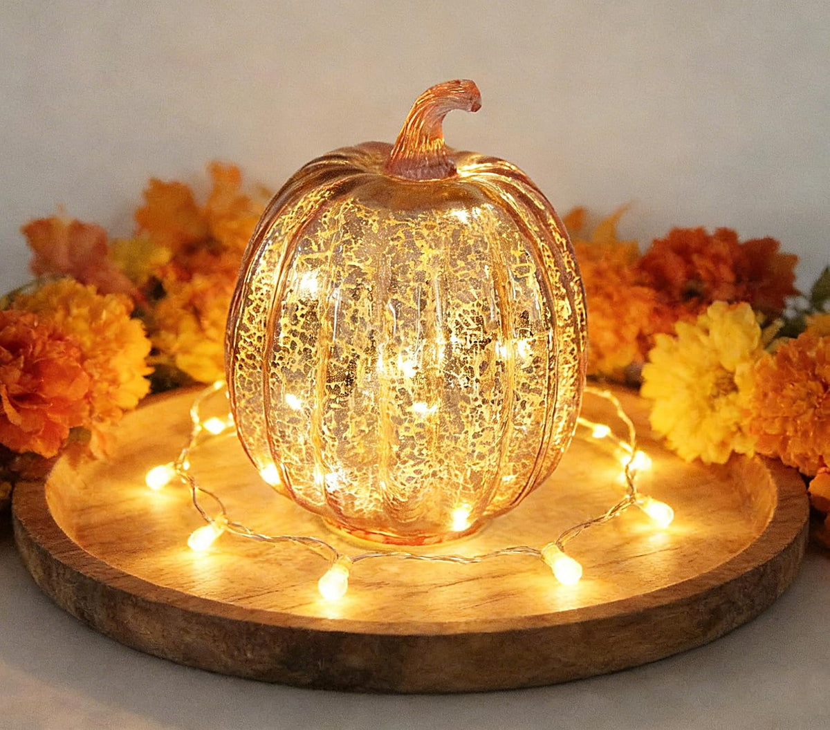Fall Decorations for Home,Mercury Glass Pumpkin Lights with Timer(Rosegold)