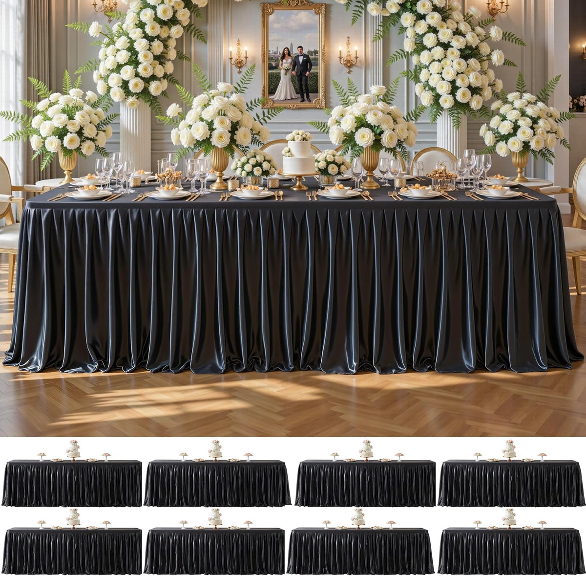 8 Pack 8ft Black Satin Tablecloths for Rectangle Tables Spandex Table Cover