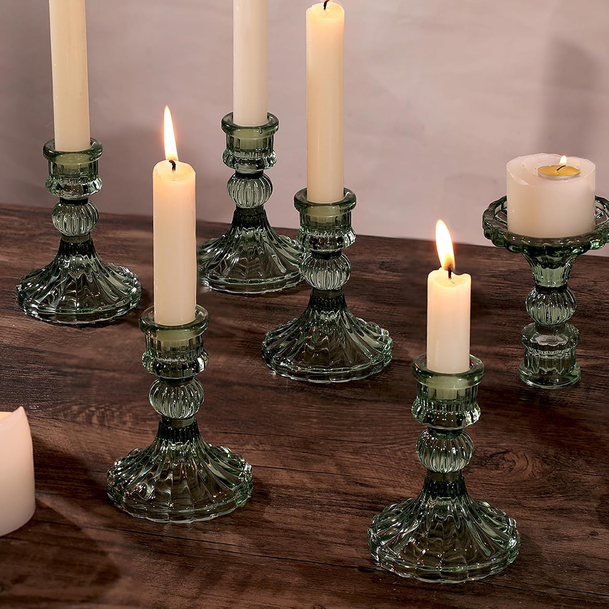 12PCS Green Candlestick Holders Set- 4" H Taper Candle Holders, Glass Ca...