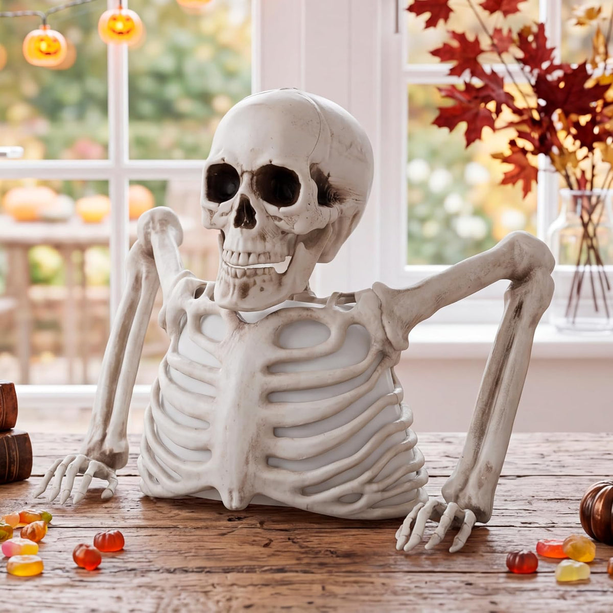 JOYIN Skeleton Halloween Decorations Indoor, Lighted Skeleton Tabletop Hallow...