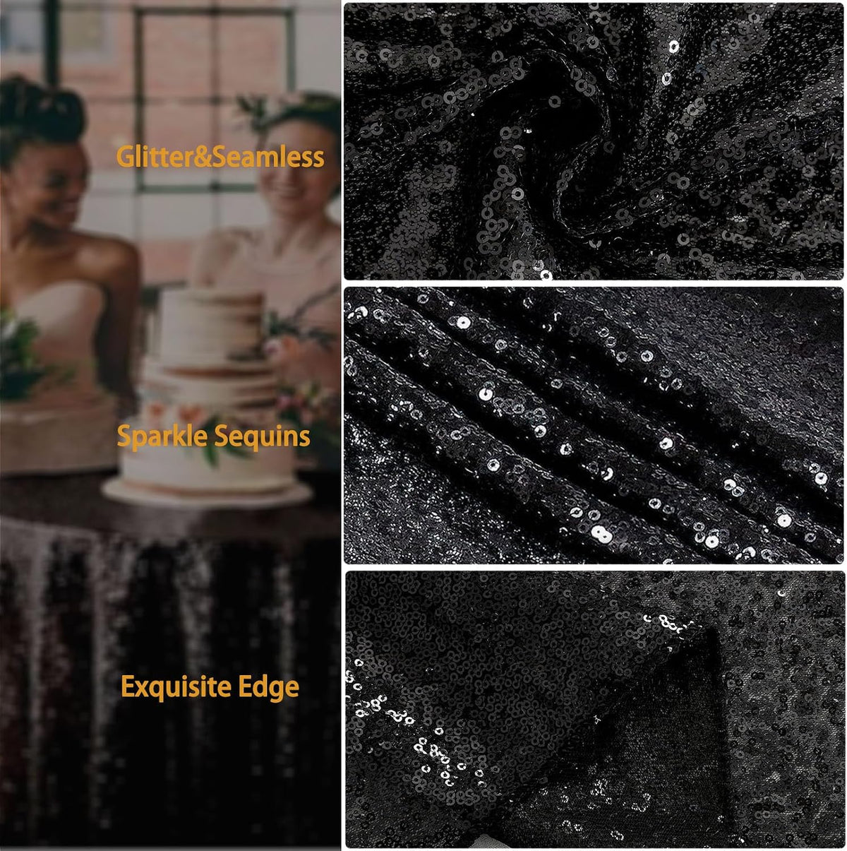 Black Sequin Tablecloth for Party Rectangle Shiny Table Overlays Skirt
