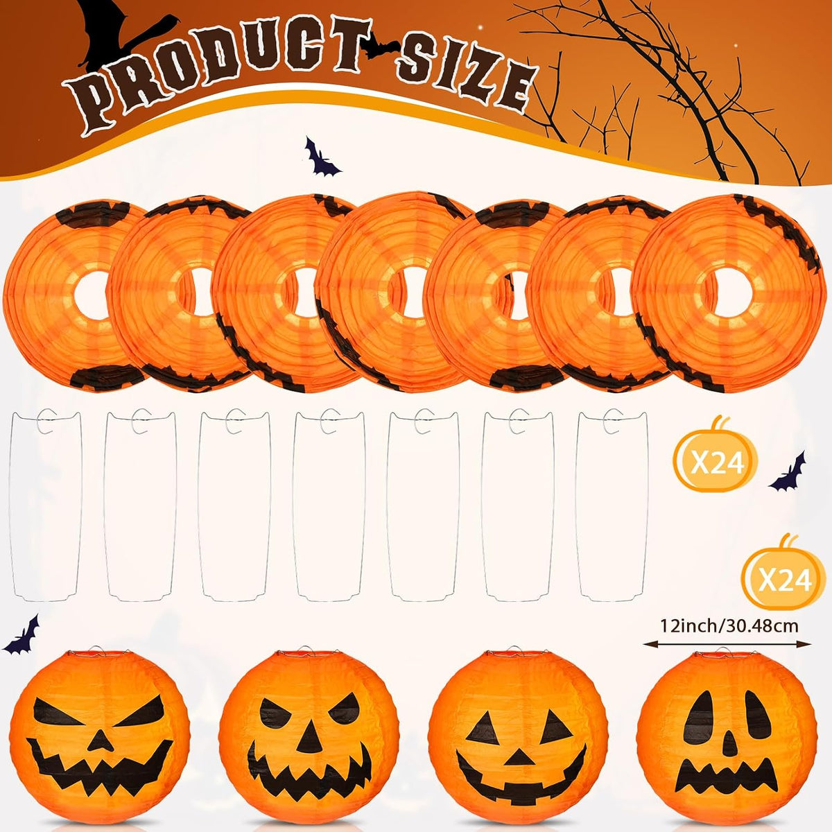 Retisee 24 Pcs Halloween Paper Lanterns Jack O Lantern 12 Inch,Pumpkin