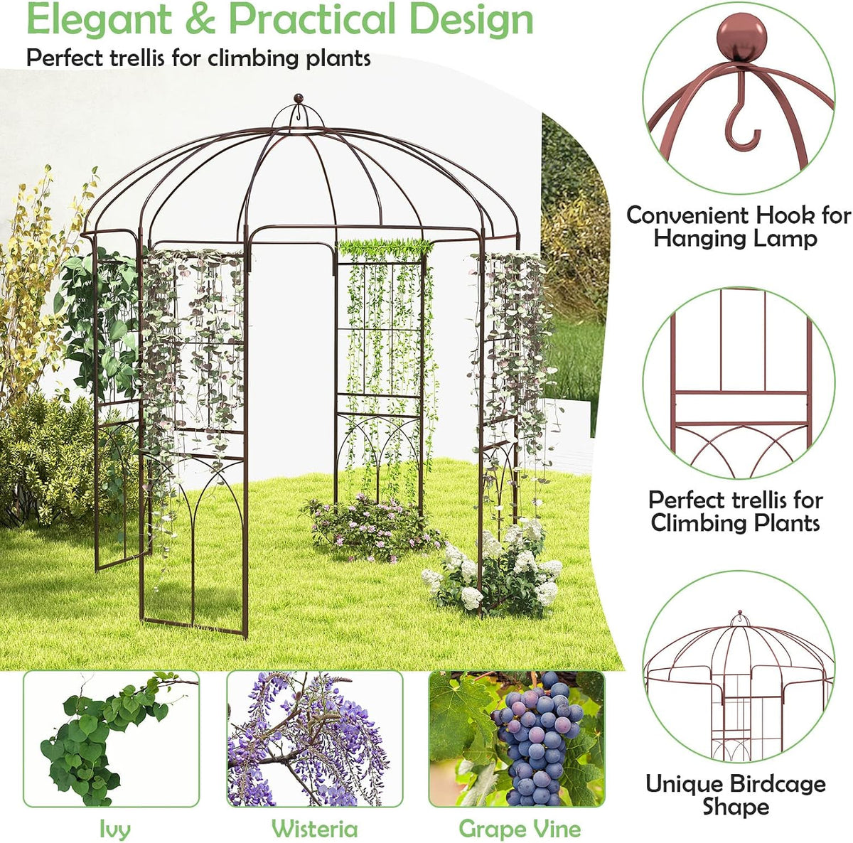 HAPPYGRILL 8.4 FT Birdcage Shape Garden Arbor with Trellis