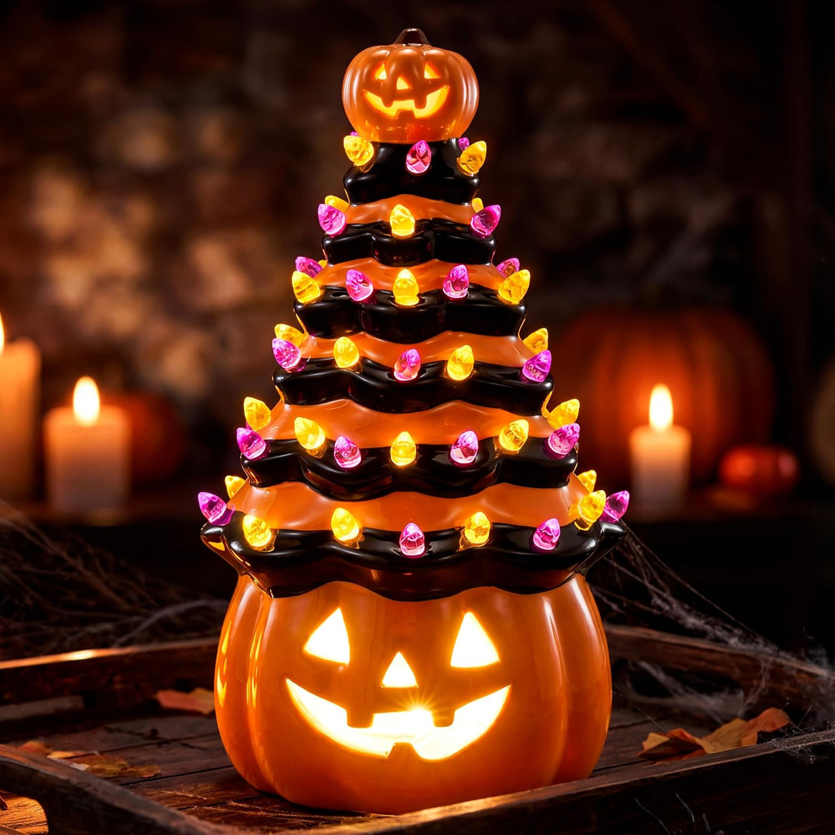 JOYIN 8.5 Inch Halloween Orange Pumpkin Ceramic Tree with Multicolor Bulbs, L...