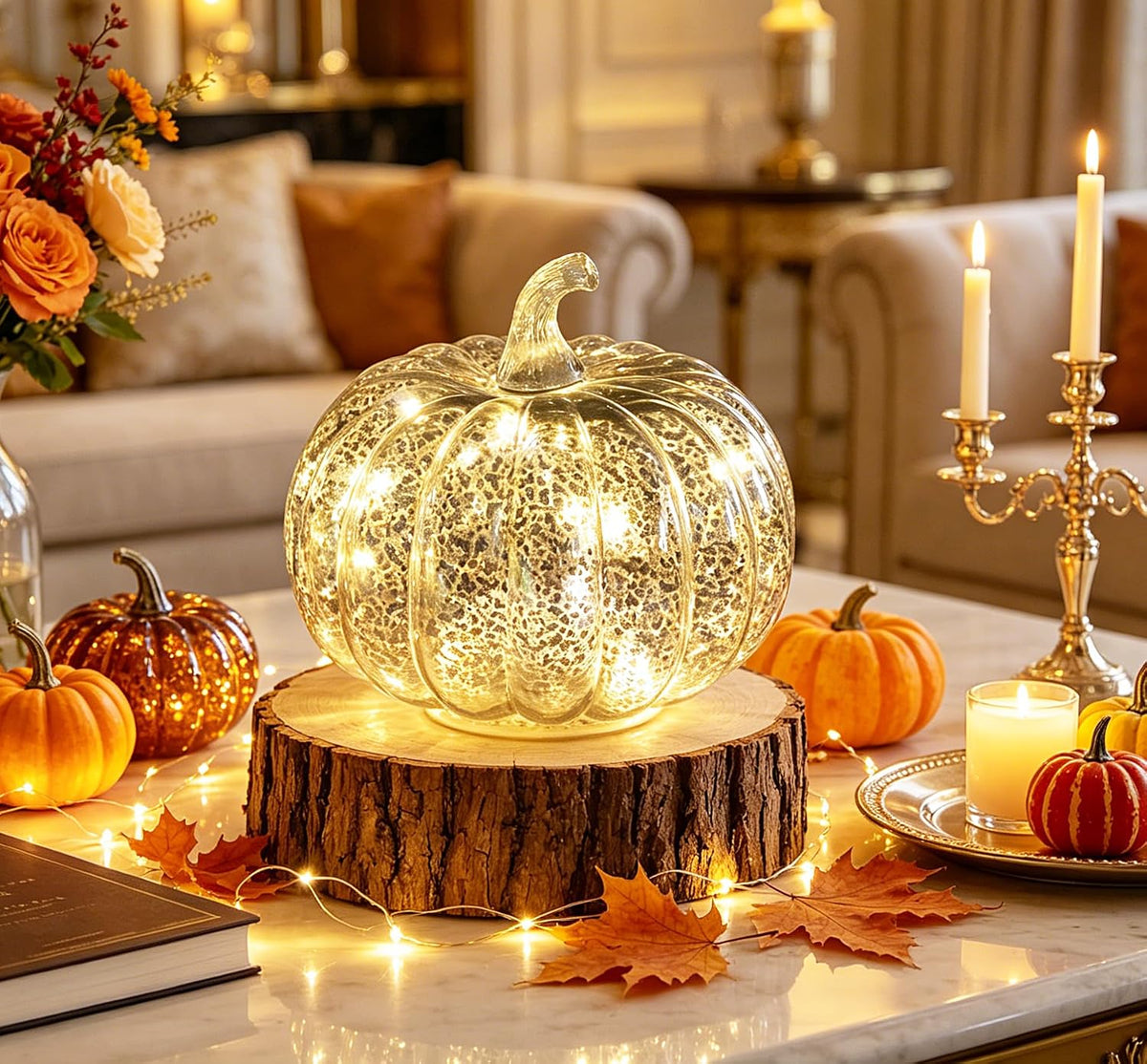 Fall Decorations for Home,Mercury Glass Pumpkin Lights with Timer(Silver)
