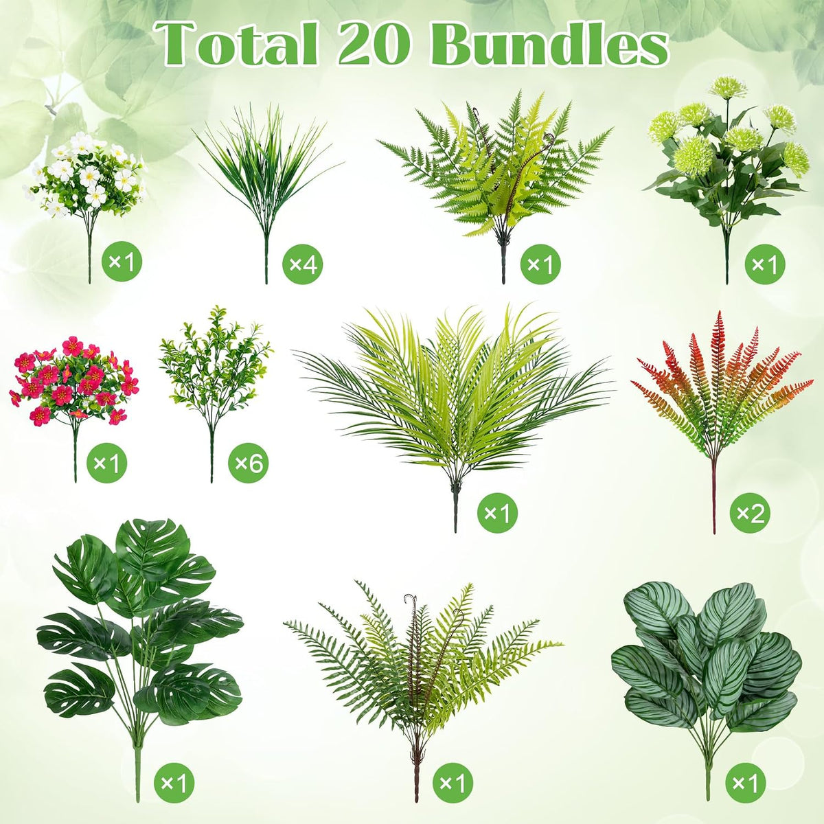 20 Pcs Artificial Plants Outdoor Fake Greenery Stems Plants