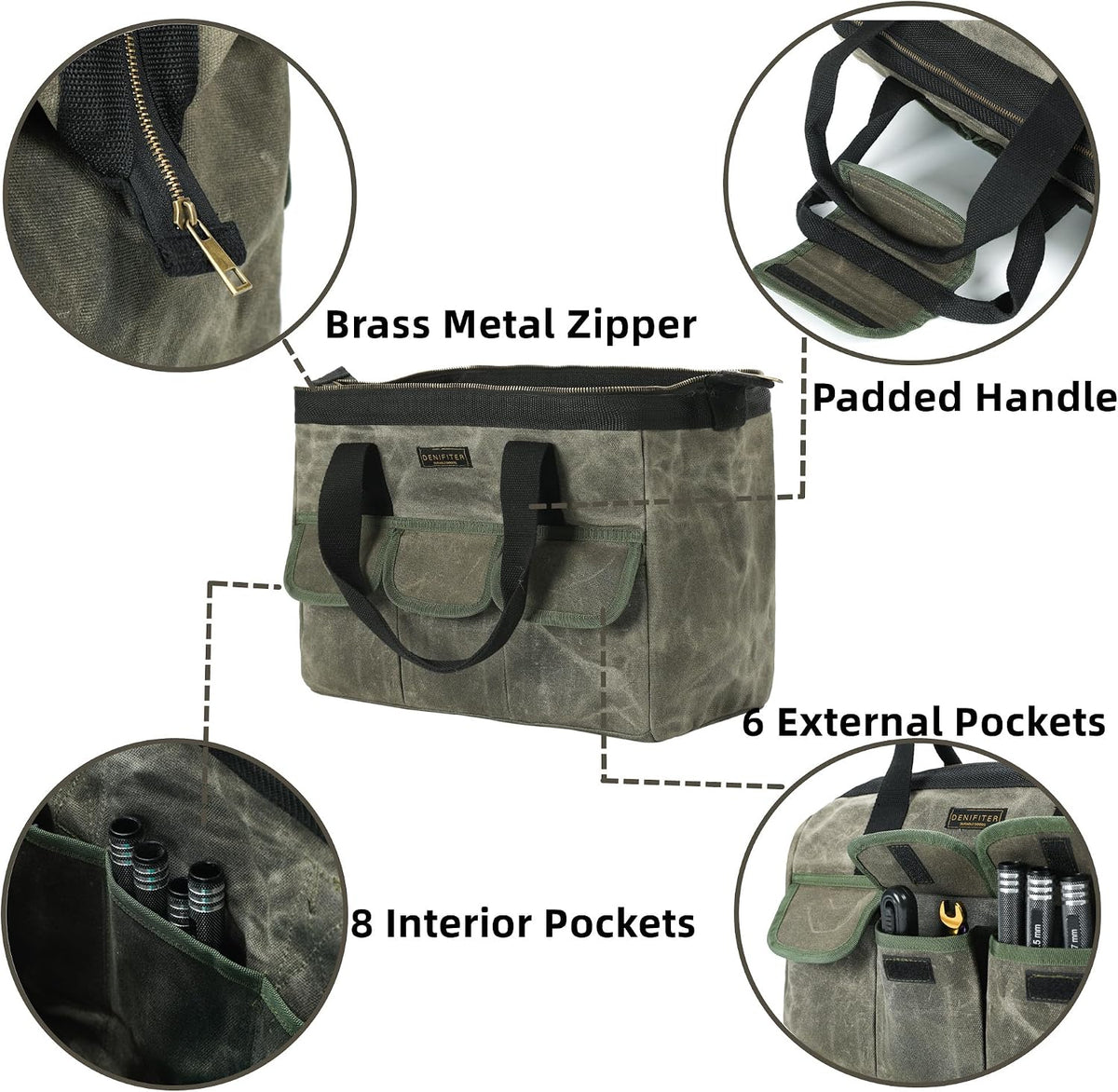 15 Inch Tool Bag, Heavy Duty Waxed Canvas Wide Mouth Water-Resistant Tool Pou...