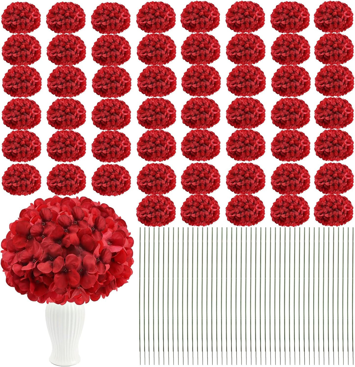 Red Hydrangea Artificial Flowers Silk Hydrangeas Bulk 104 PCS