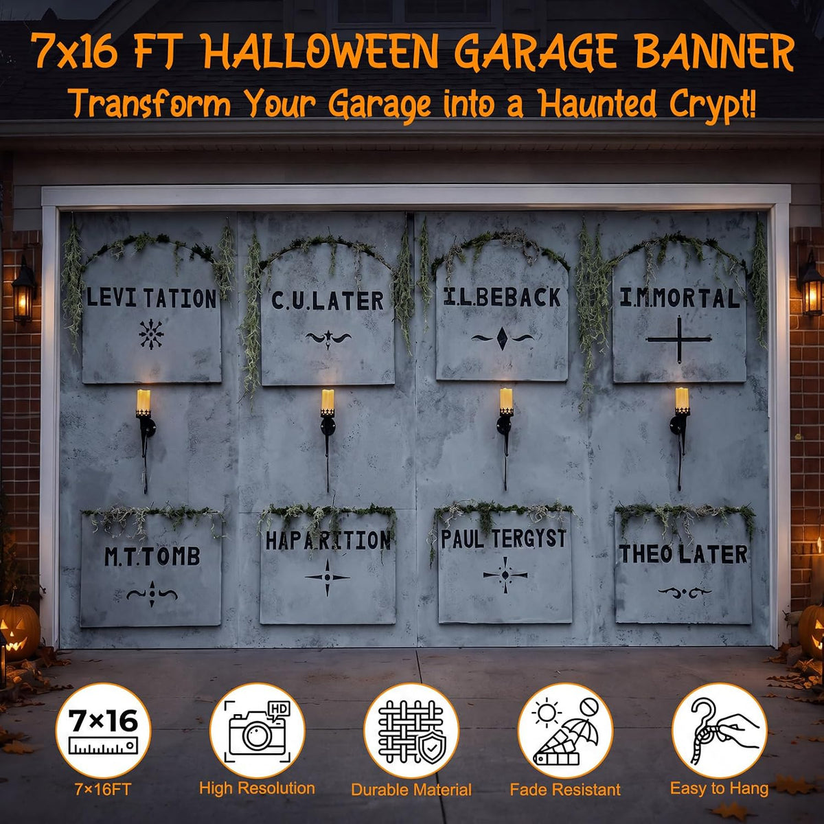 Halloween Garage 7x16 ft Door Cover Banner Large Halloween Hanging Backdrop D...