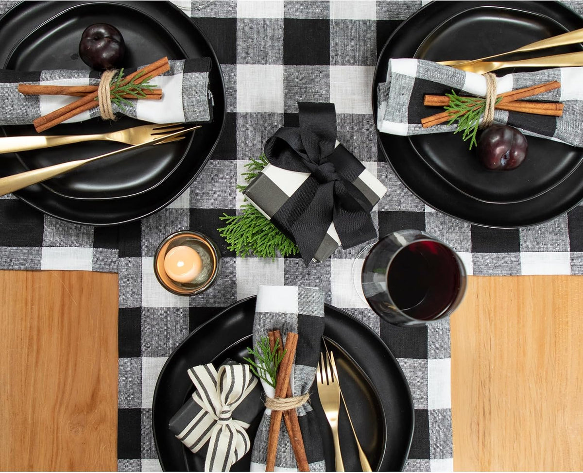 Solino Home 100% Linen Table Runner, 14 x 108 in, Black and White Check