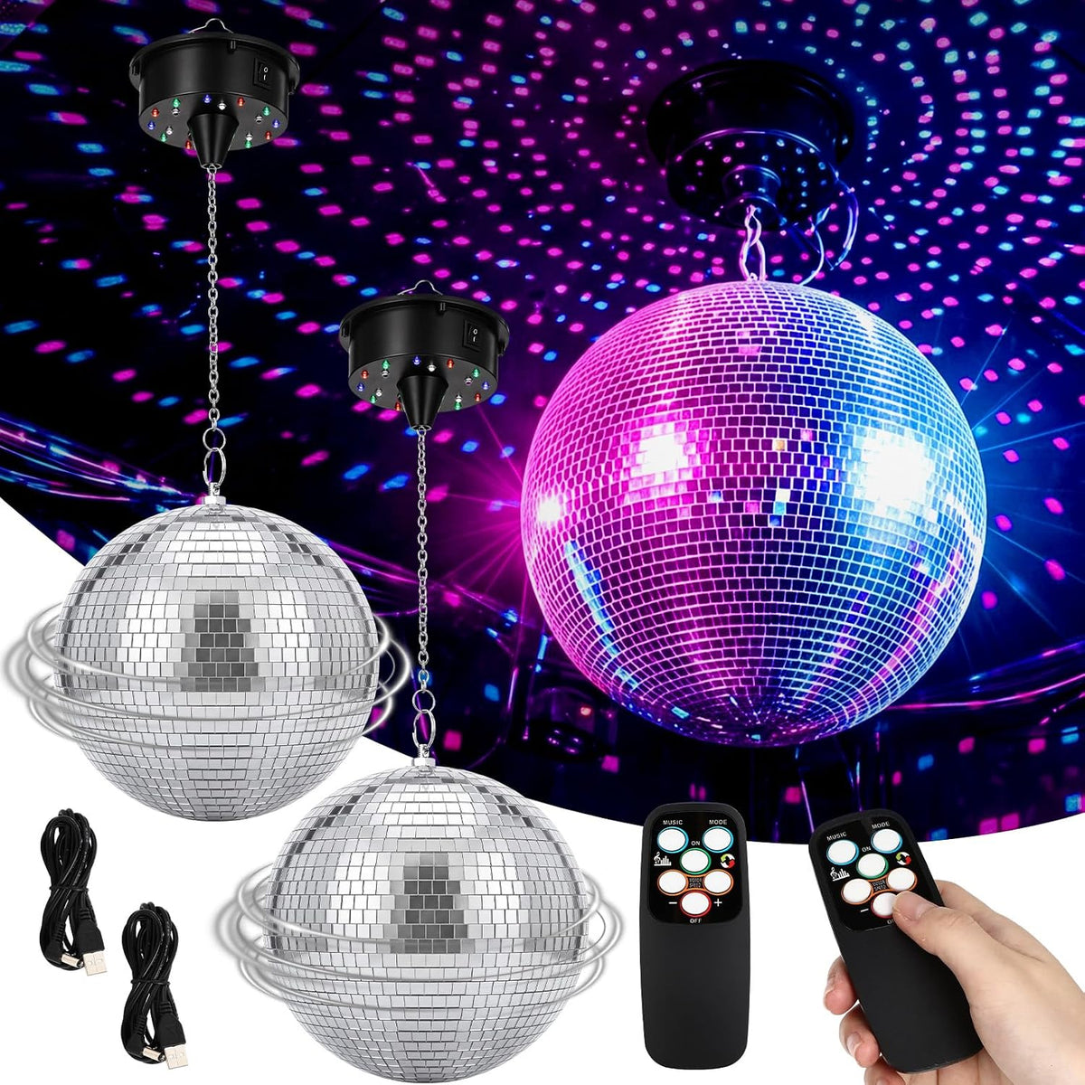 Sratte 2 Pcs 6" Mirror Disco Ball with Motor and Light, 5–13 RPM