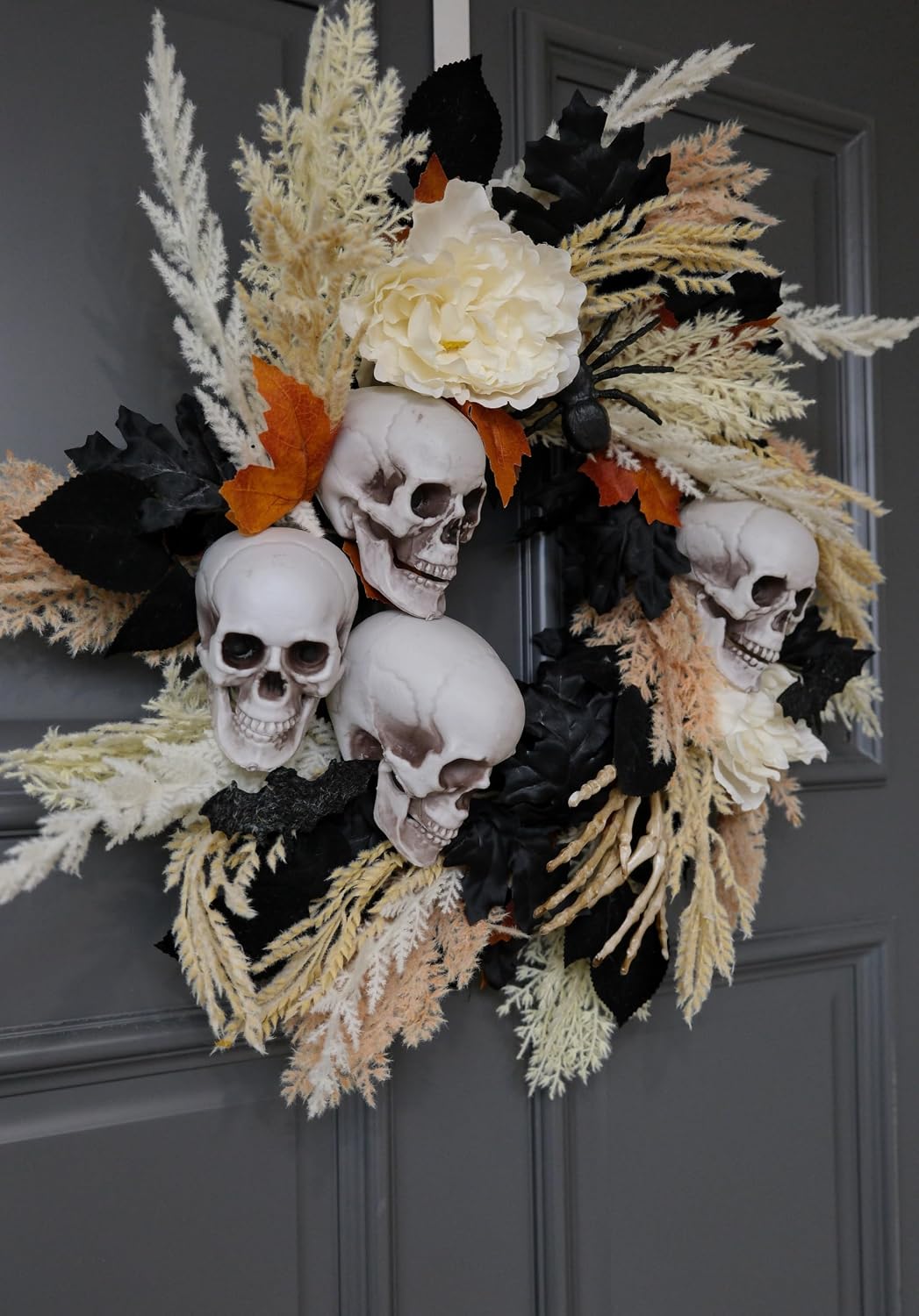 24" Halloween Wreath for Front Door with Artificial Skulls, Wheat, Maple...