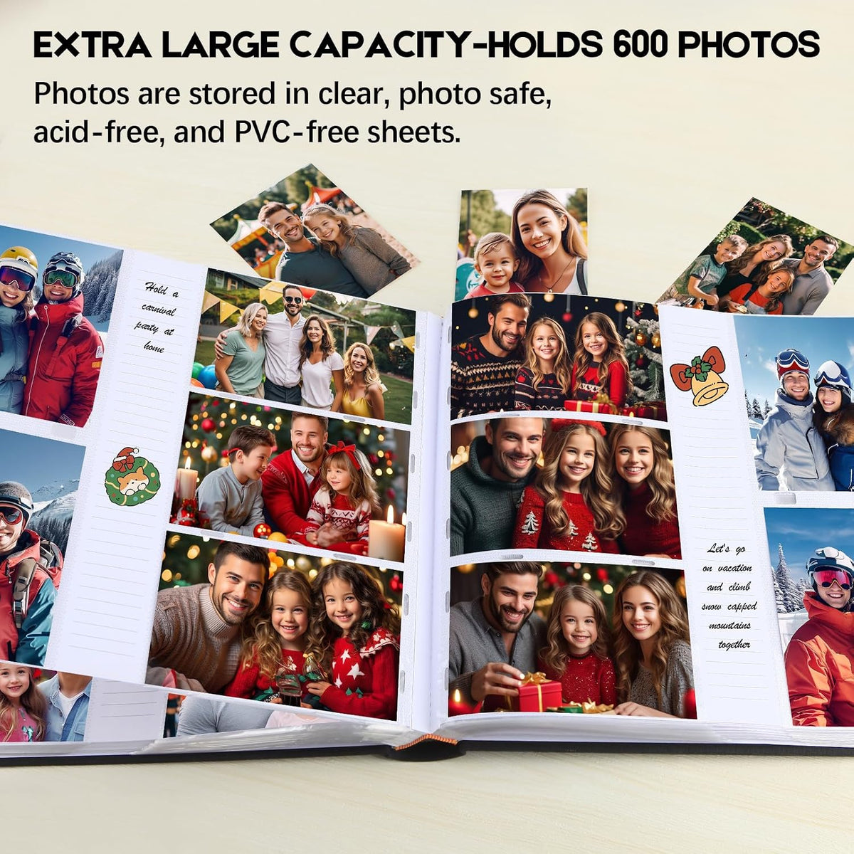 600 Pocket 4x6 Photo Album with Writing Space, Linen Cover, Black