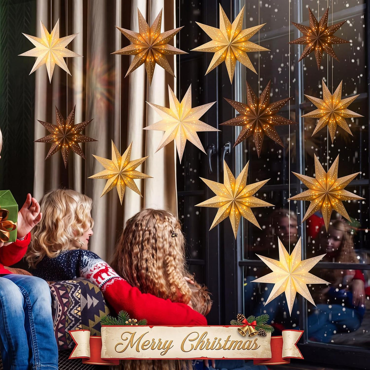 Youyole 12 Set Christmas Paper Star Lantern with Lights, 9 Pointed