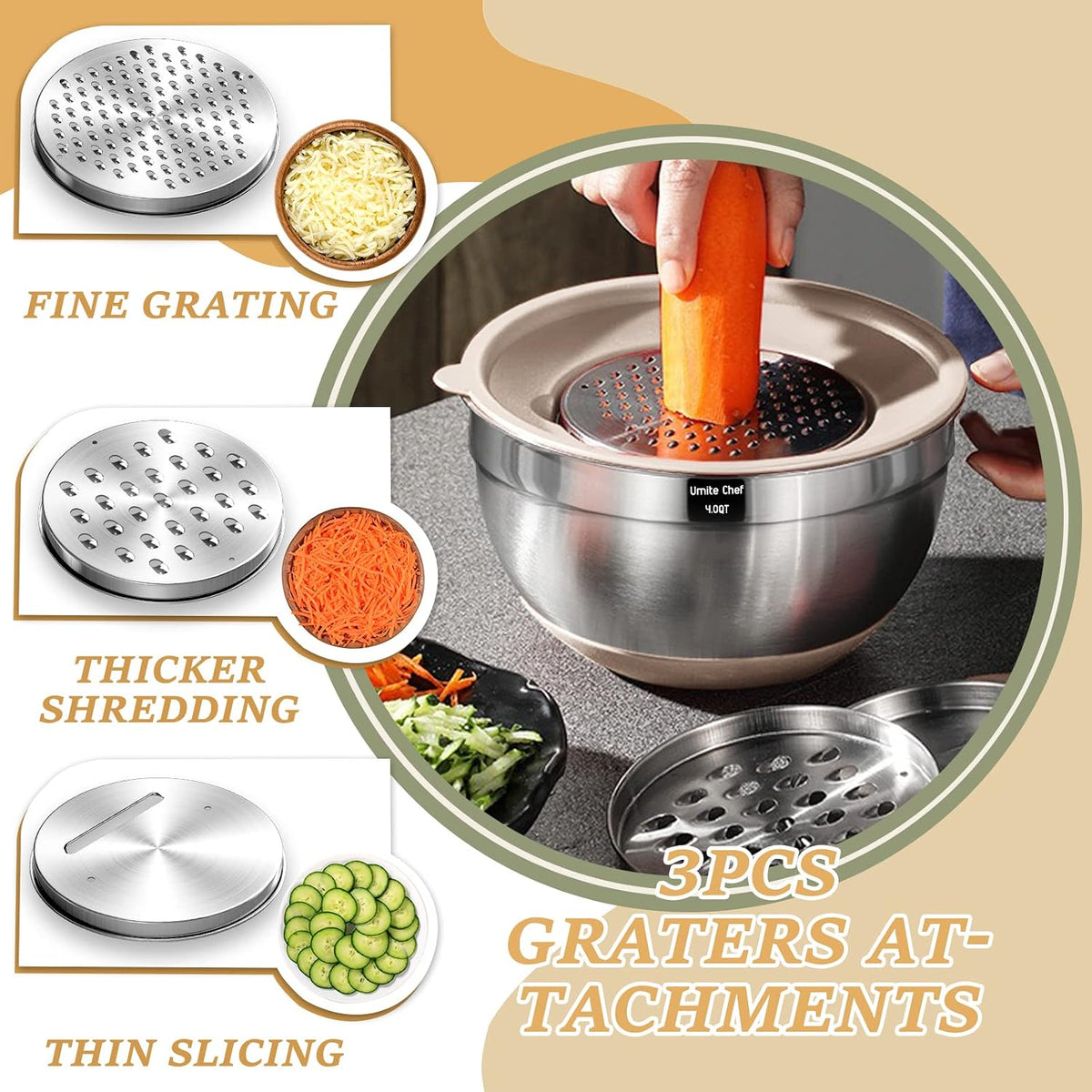 Mixing Bowls with Airtight Lids Set, 26PCS Stainless Steel Khaki Bowls with G...