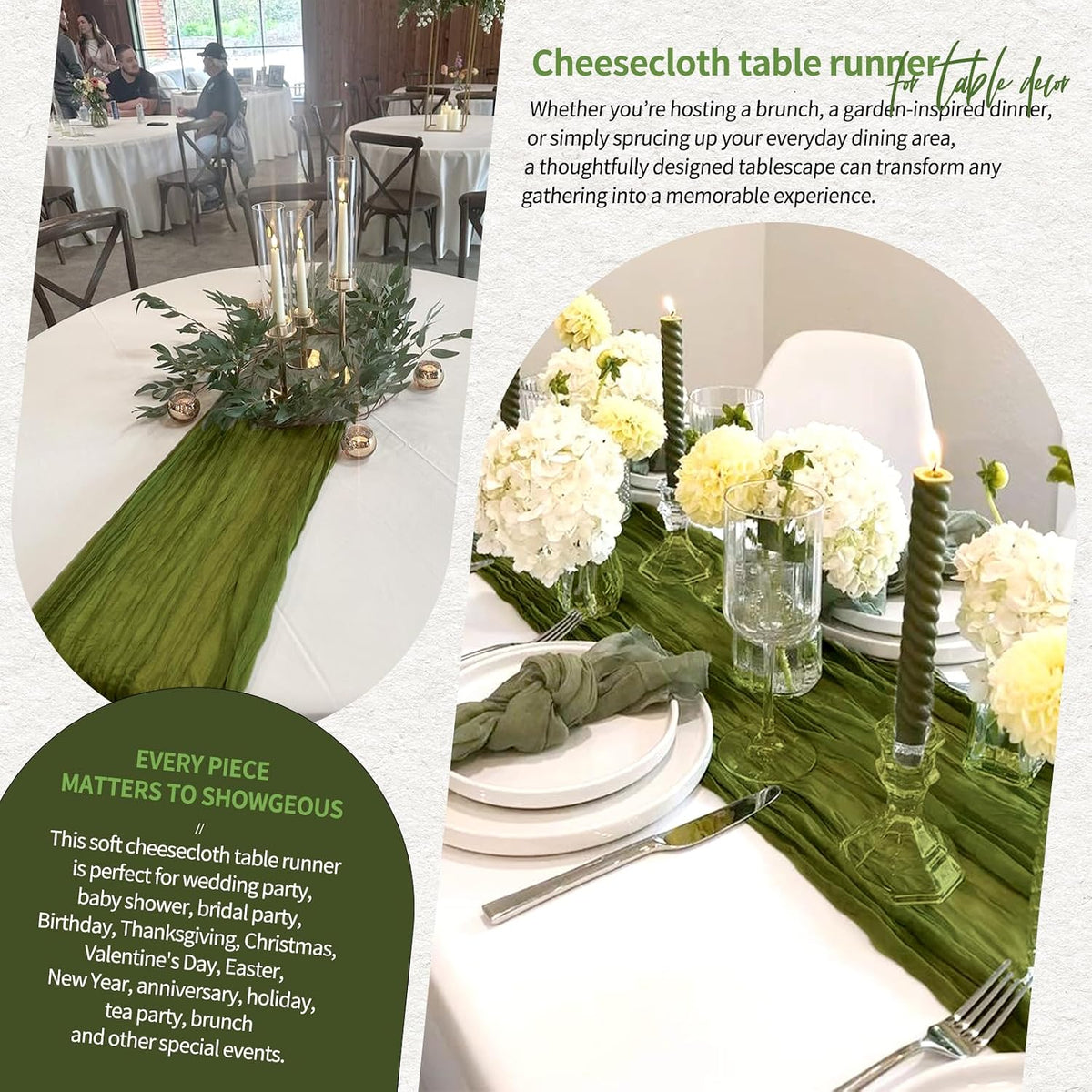 20 Pack Olive Green Cheesecloth Table Runner Wedding Birthday Table Decor