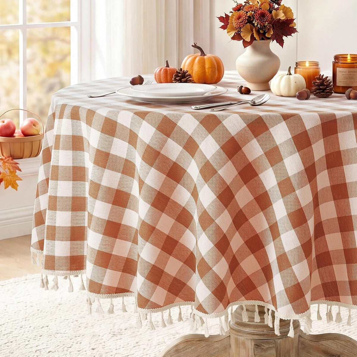Romanstile Fall Gingham Tassel 70 Inch Round Tablecloth, Orange