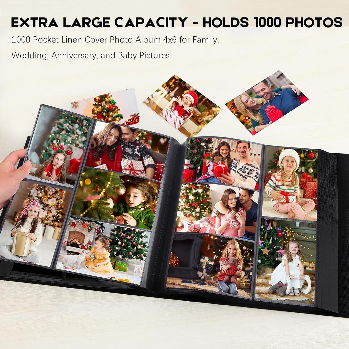 Aevdor Large Capacity 4x6 Photo Album, 1000 Photos, Linen Cover, Black