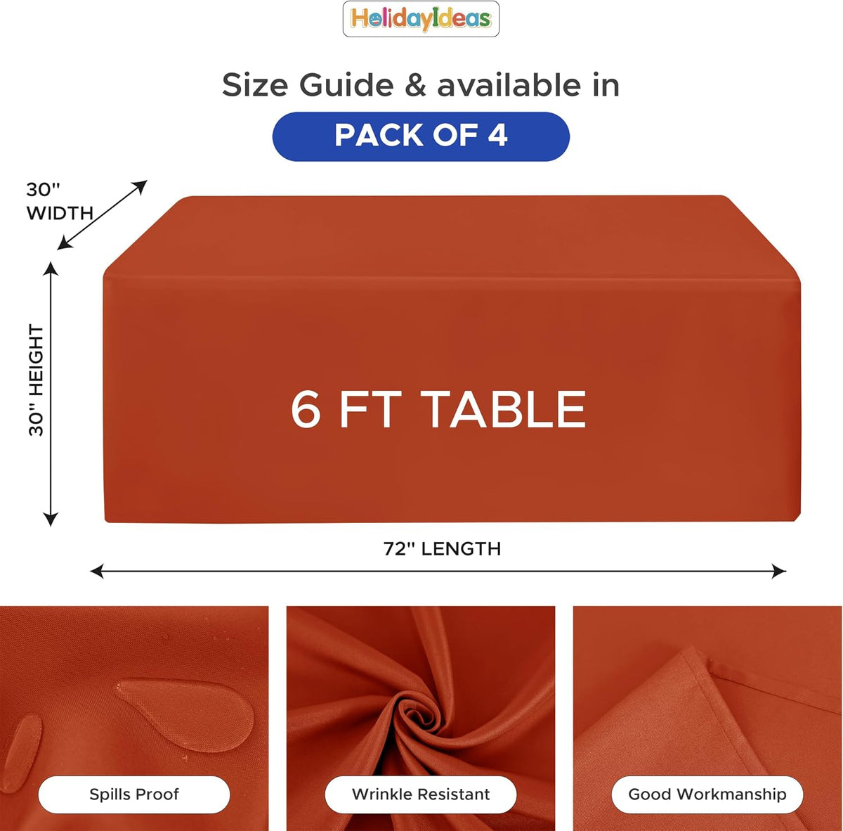 HolidayIdeas 4-Pack 6ft Rust Fitted Tablecloth for Fall Festival