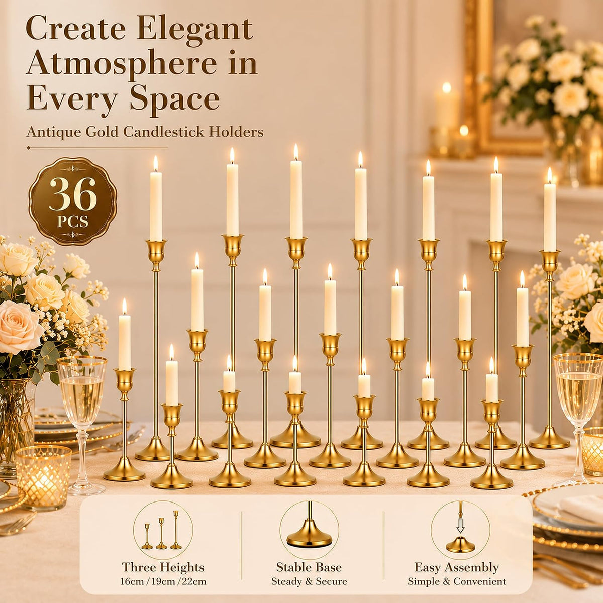 Gold Taper Candle Holders Bulk 12 Sets(36 Pcs), Antique Gold Candlestick Hold...