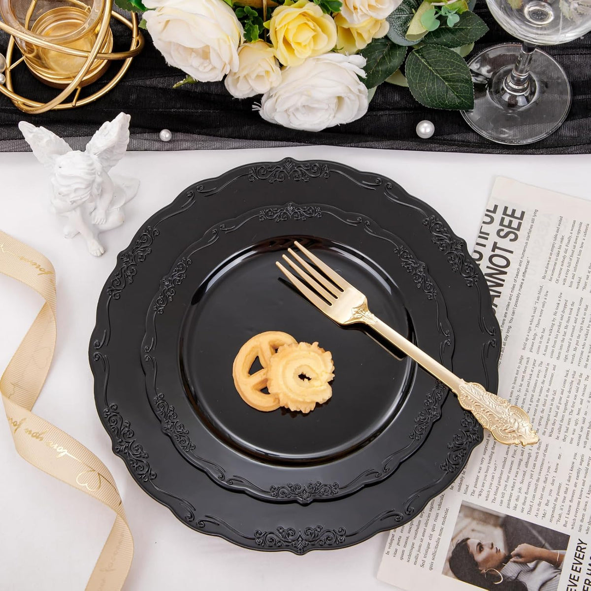 U-QE 100PCS Black Plastic Plates, Heavy Duty Black Plates Halloween