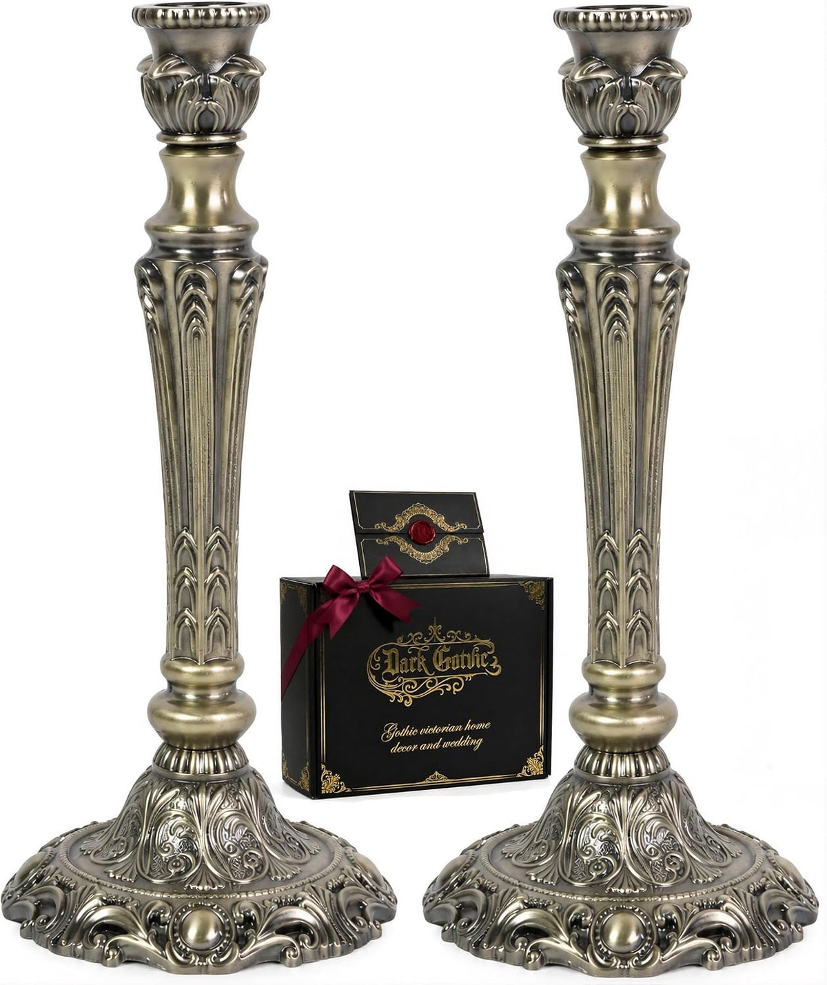 Gothic Victorian Candlesticks 2-Pack Aged Silver Metal Taper Candle Holders