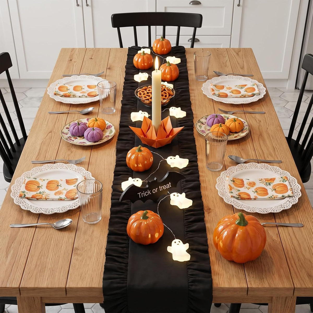 Black Ruffled Table Runner 118 inch Scalloped Table Runners,3pcs