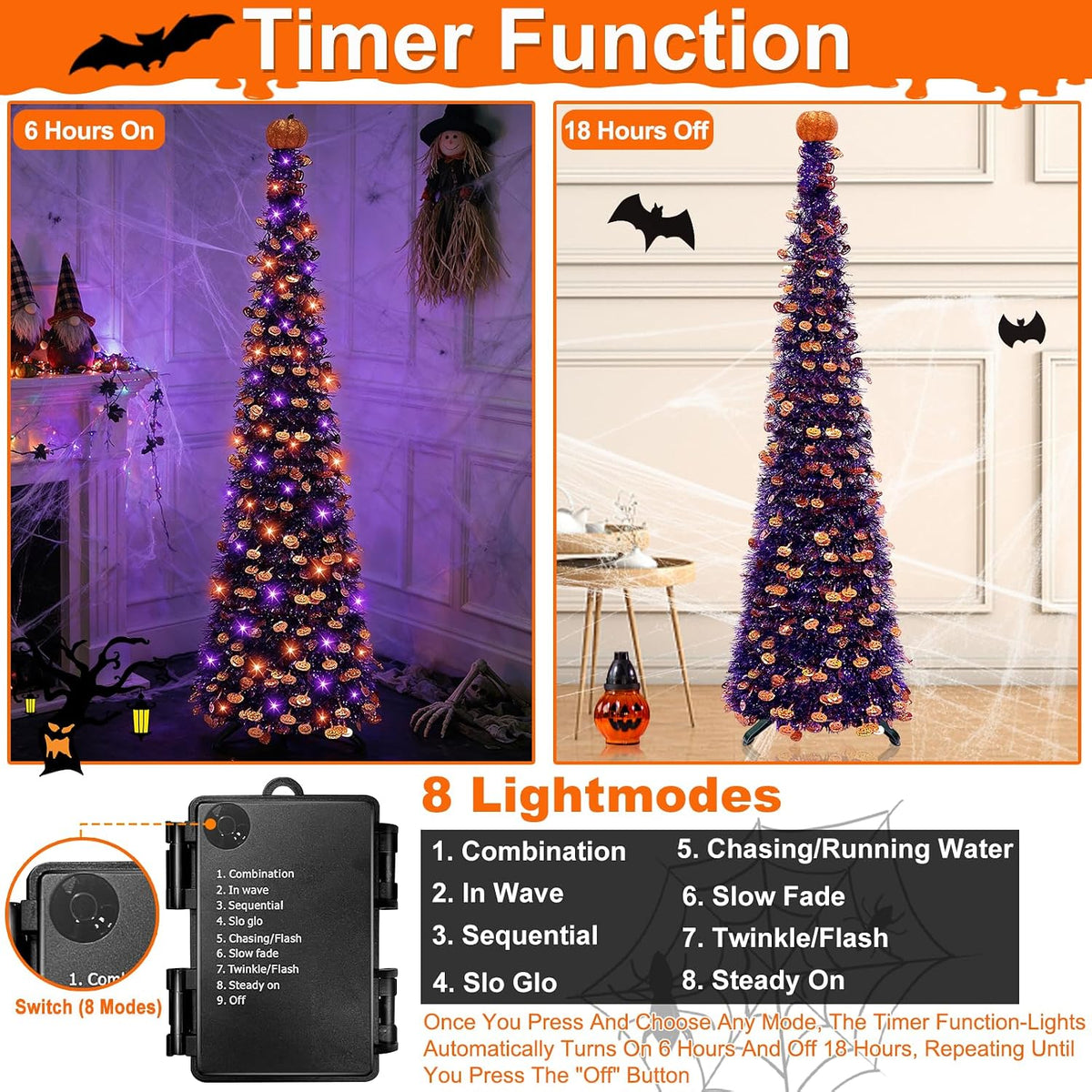 5 Ft Halloween Black Tree Orange & Purple Lights Halloween Decorations