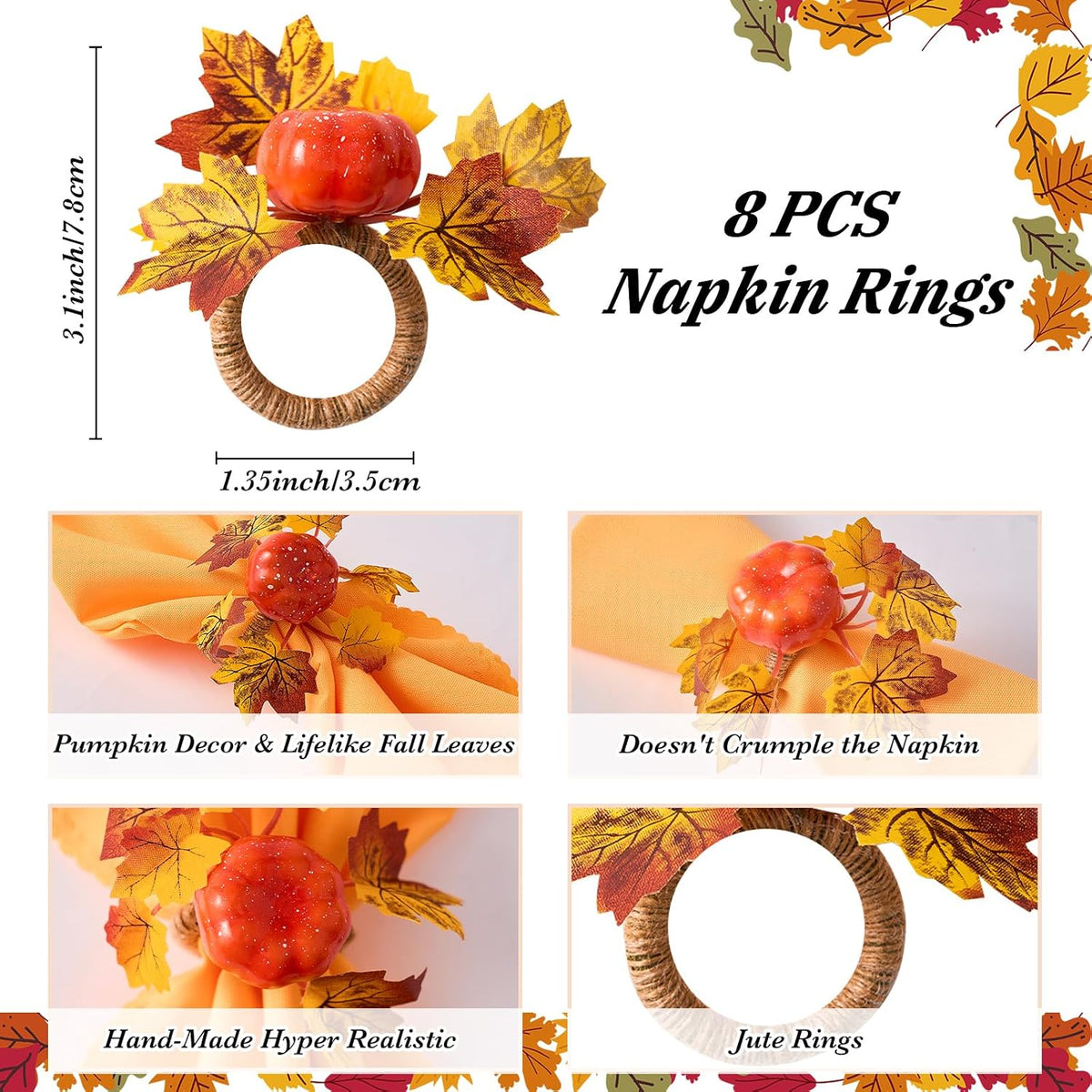 Fall Thanksgiving Decorations Set of 16, Fall Cloth Napkins & Napkin Rings