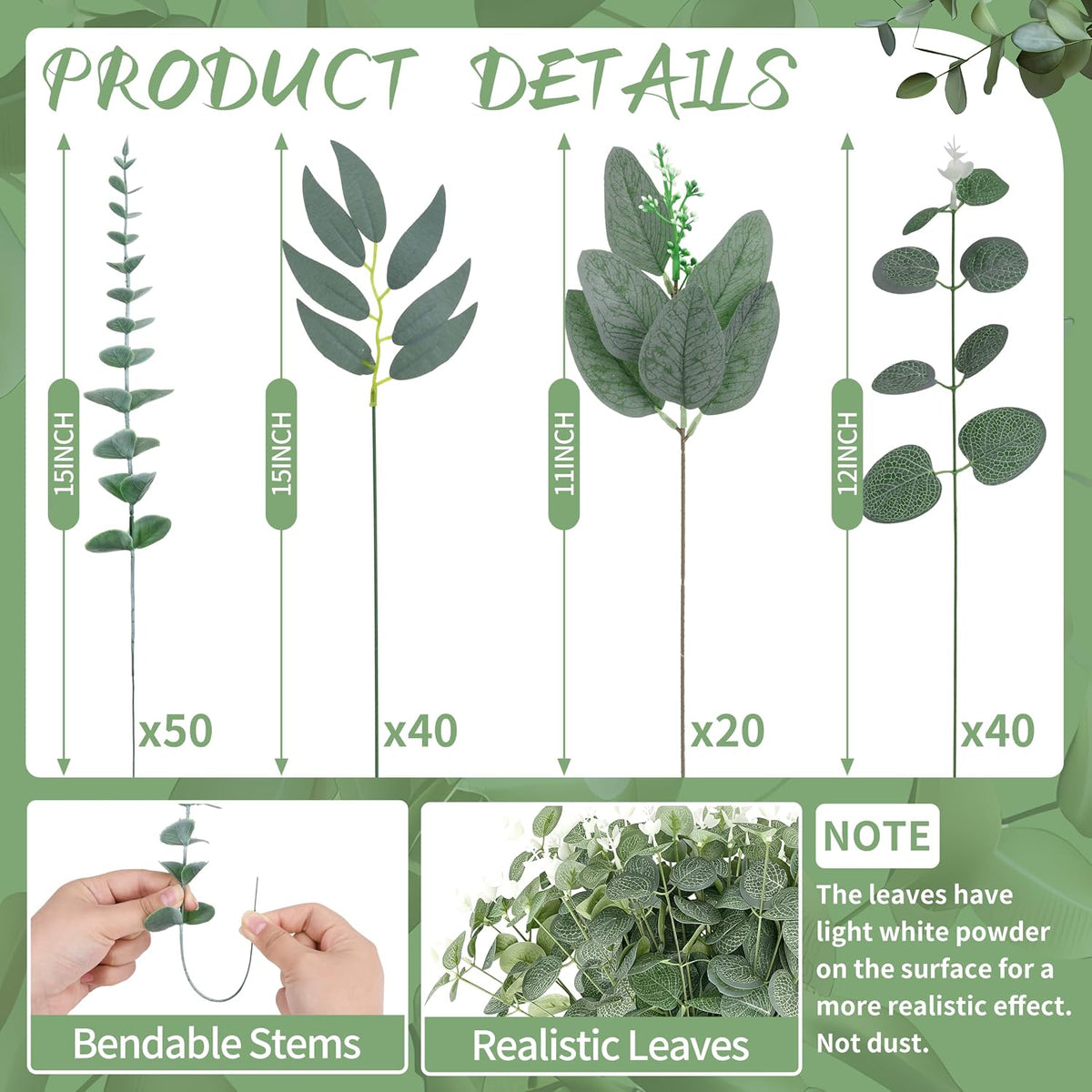 Palonu 150 Pcs 4 Kinds Mixed Artificial Eucalyptus Leaves Stems Bulk Fake Sil...