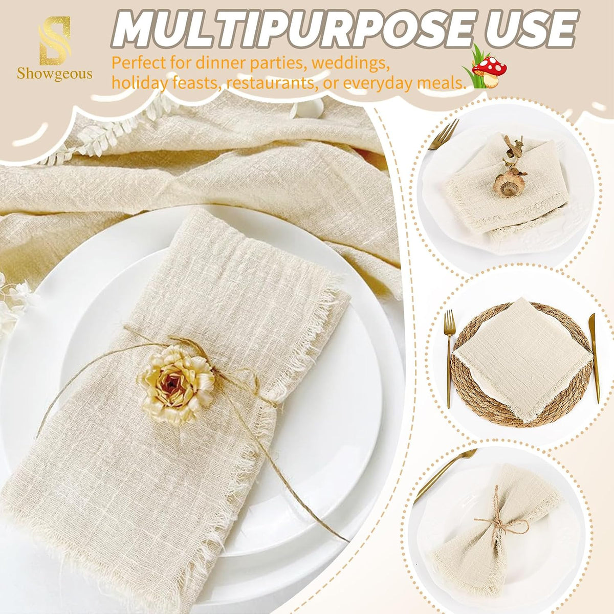 Showgeous 40 Pack Natural Cloth Napkins with Fringe 16x16 inch