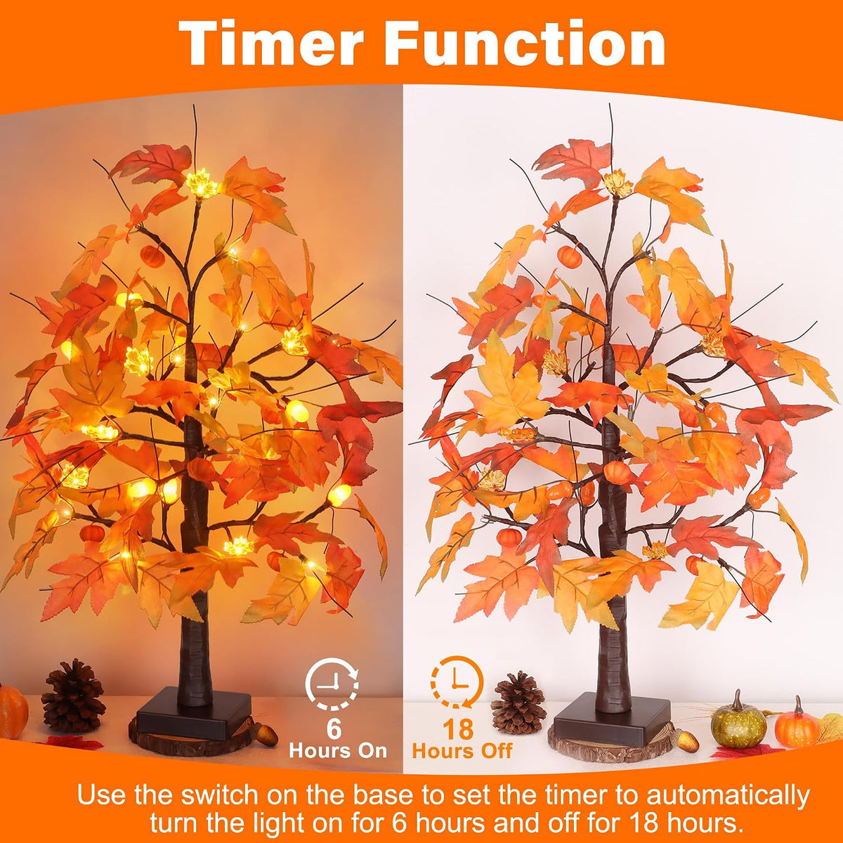 2 Pack 24 Inch Maple Tree Fall Thanksgiving Table Decorations with 48LED Batt...