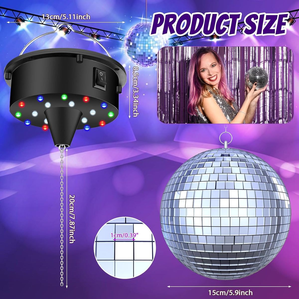 Disco Ball with Motor and 6" Mirror Ball, 10RPM Discoball Spinner and Light