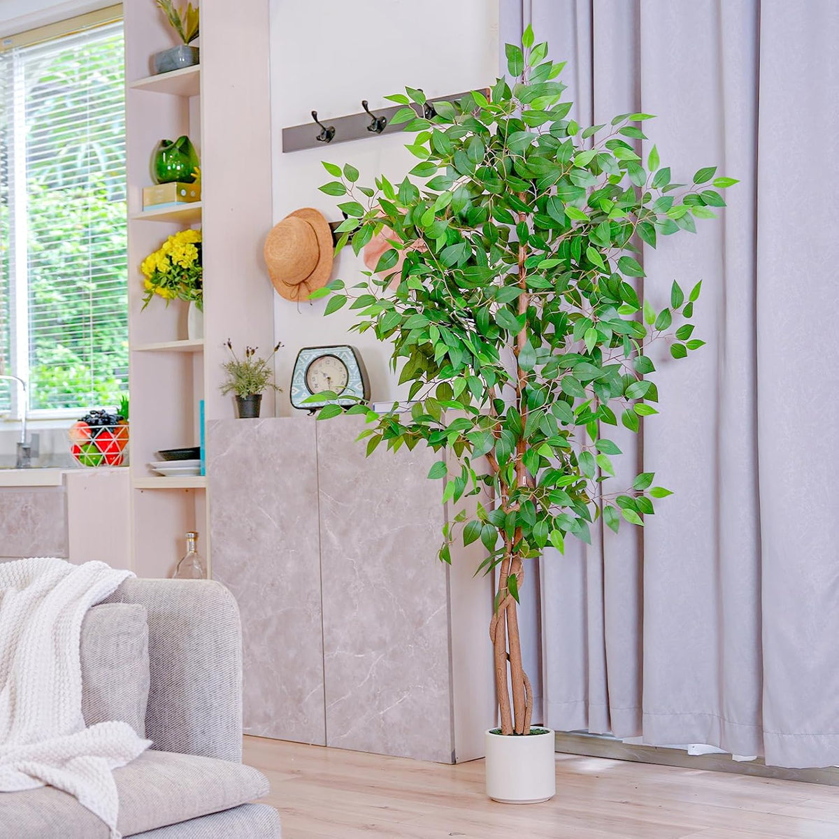 VIVATREES 6FT Artificial Ficus Tree with White Planter, Realistic Faux Silk I...